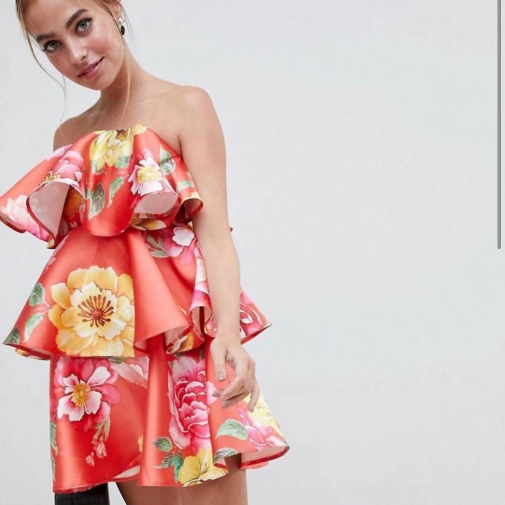 ASOS Orange Floral  Bardot Tiered Wedding Party Dress
